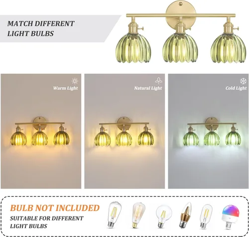 Miniatura 4 de Shenmoyl Accesorios de iluminación de baño, lámpara de pared de latón de 3 luces sobre espejo con pantalla de vidrio en forma de tulipán verde