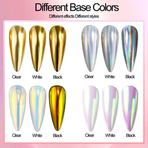 Miniatura 5 de Polvo de uñas holográfico dorado cromado para uñas de gel, pigmento iridiscente Aurora sirena, kit de polvo mágico de perla blanca con purpurina