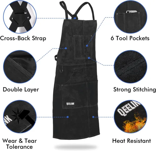 Miniatura 4 de Delantal de trabajo de soldadura de cuero QeeLink con 6 bolsillos para herramientas, delantales de soldador resistentes al calor y a las llamas, 24