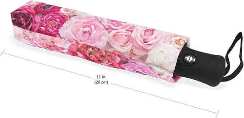 Miniatura 5 de Paraguas plegable auto abierto compacto sol lluvia paraguas rosa flores rosa para mujeres hombres niños viaje sombrilla sol protección UV viento