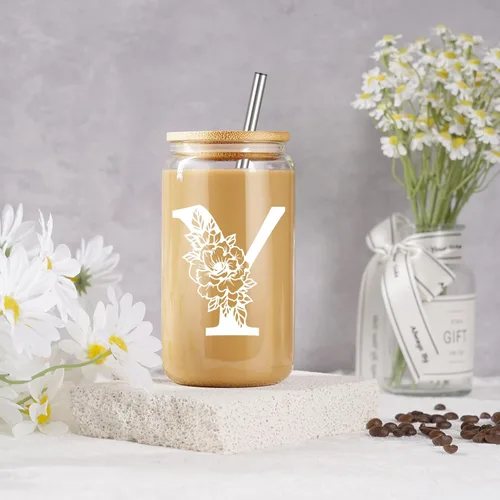 Miniatura 4 de Taza de Vidrio Inicial Coolife, Regalos Personalizados con Monograma para Mujeres, Tazas de Vidrio de 16 oz con Tapas y Popotes, Taza de Café
