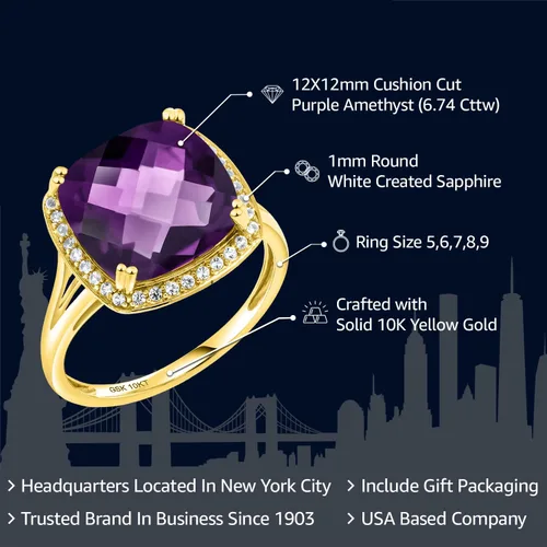 Miniatura 2 de Gem Stone King Anillo de oro amarillo de 10 quilates con piedra natal y zafiro blanco creado para mujer, cojín de 0.472 in, anillo de compromiso