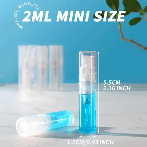 Miniatura 2 de Fandamei Mini botella de spray, 60 botellas de plástico transparente de 2ml (0.068 fl oz) vacías, mini botella de perfume recargable de niebla fina.