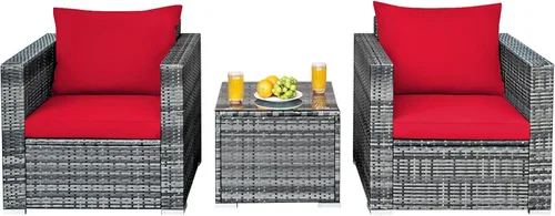 Miniatura 11 de HAPPYGRILL Juego de 3 piezas de sofá de mimbre de ratán al aire libre con mesa auxiliar, juego de muebles de patio con cojines suaves para balcón