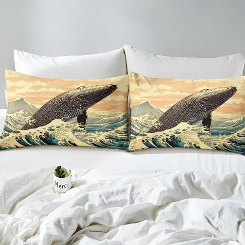 Miniatura 5 de Erosebridal Juego de sábanas de ballena náutica, tamaño individual, juego de ropa de cama vintage azul con ondas oceánicas para niños y niñas