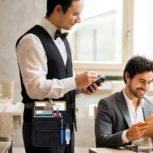 Miniatura 5 de Delantal de limpieza profesional con 5 bolsillos y cinturón ajustable en la cintura, camarero, chef, camarero, para mujeres y hombres, restaurantes