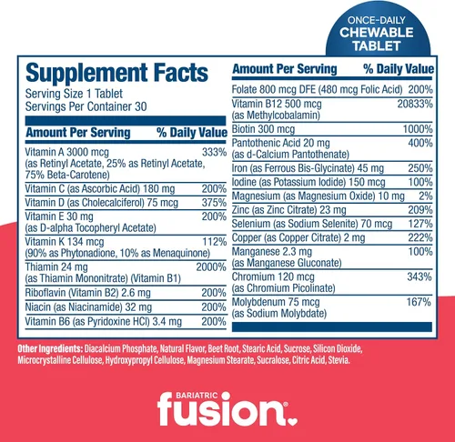 Miniatura 4 de Bariatric Fusion Multivitamínico Bariátrico Una Por Día con Hierro Masticable Sabor a Bayas Cítricas Vitaminas para Bypass Gástrico