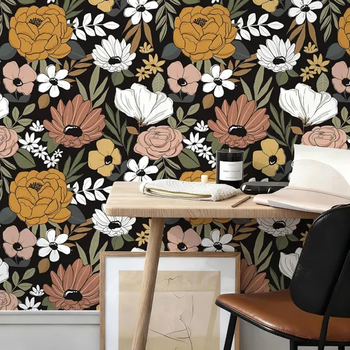 Miniatura 5 de HAOKHOME Papel pintado vintage grande floral de despegar y pegar, extraíble, hojas de margarita, negro/arena/oliva, vinilo autoadhesivo, mural, 17.7