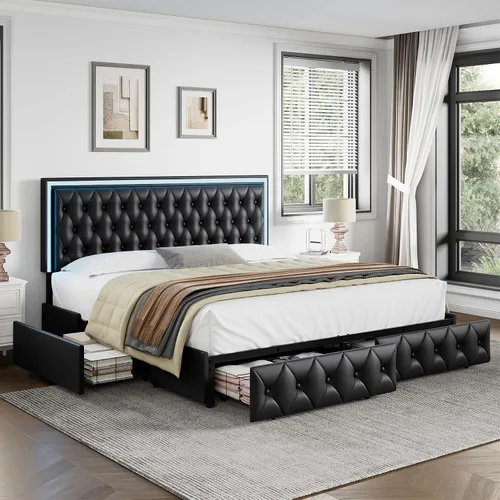 Miniatura 11 de Keyluv Marco de Cama Tapizada con LED Tamaño King con 4 Cajones, Cama de Plataforma de Terciopelo con Almacenamiento con Cabecero Capitoné de Beige