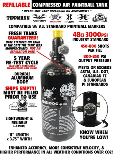 Miniatura 4 de Maddog JT Stealth Paintball Gun Marker and Accessory Starter Packages [HPA] Marker, 48ci/3000psi Compressed Air Tank, Mask, Hopper, Pods, Harness