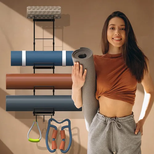 Miniatura 3 de Soporte para tapete de yoga, organizador de pared, rodillo de espuma de almacenamiento y bloque, con 5 secciones y 3 ganchos para colgar correa