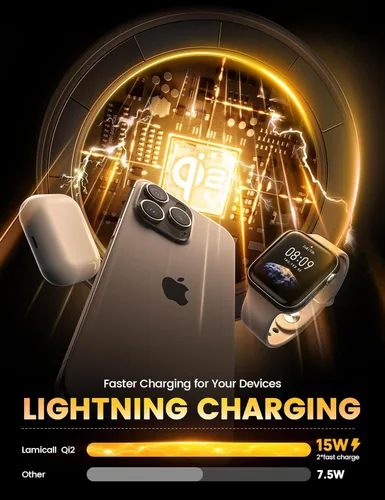 Miniatura 8 de Lamicall Estación de carga inalámbrica 4 en 1 con certificación Qi2 para Magsafe, [luz nocturna LED] Soporte de cargador magnético rápido de 15 W