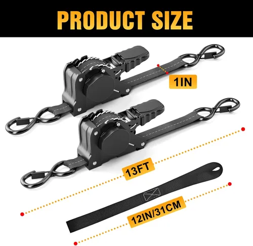 Miniatura 3 de Rugtol Correas de trinquete retráctiles, 1 pulgada × 13 pies, correas de amarre con trinquete autoretráctiles automáticas de servicio pesado
