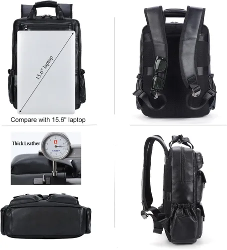 Miniatura 8 de Masa Kawa Mochila de cuero negro para hombre 15.6 pulgadas, bolsa para computadora portátil, múltiples bolsillos, casual, trabajo, negocios, viajes