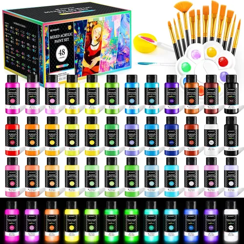 Miniatura 9 de Juego de 64 pinturas acrílicas con 12 pinceles, 2 cuchillos y paleta, 48 colores (2oz/60ml) Pintura artesanal para adultos, niños, artistas