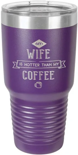 Miniatura 18 de Taza de viaje de acero inoxidable con popote y tapa superior deslizante My Wife Is Hot Than My Coffee Black de 30 onzas