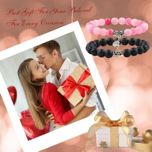 Miniatura 57 de 2 pulseras magnéticas para parejas, piedra natural negra mate, cristal para votos de amor eterno, juego de pulseras de cuentas de piedra de energía