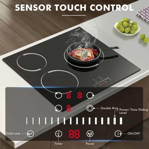 Miniatura 4 de Placa de Cocina Eléctrica de 24 Pulgadas - Placa de Cocina Eléctrica de Cerámica Empotrada de 3 Quemadores, Estufa de Cerámica Radiante con 9