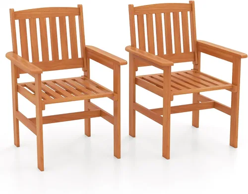 Miniatura 12 de Tangkula Juego de 2 sillas de comedor de madera para patio, sillas de comedor de madera para exteriores con respaldo alto y asiento de listones
