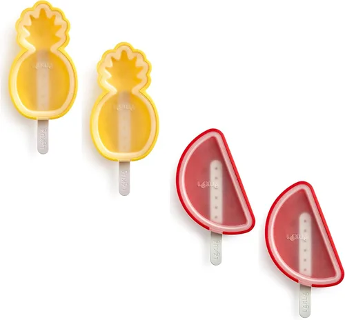 Lékué - Juego de 4 moldes para paletas y helados tropicales + palos y tapas, forma divertida, paletas de hielo caseras para congelador, silicona