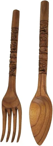 Miniatura 3 de Zeckos Arte de decoración de pared con cuchara y tenedor de madera tallada con diseño Tiki – Juego de decoración de utensilios de madera – 16