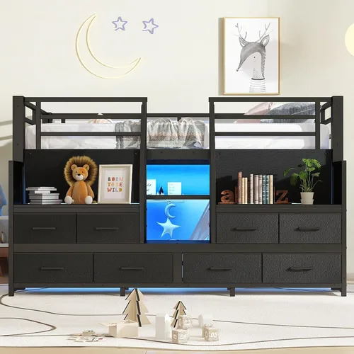 Miniatura 3 de Bellemave Twin Size Low Loft Bed with 8 Fabric Storage Drawers,Metal Loft Bed Frame with Shelves and LED Lights for Boys Girls,Kids Loft Bed Twin