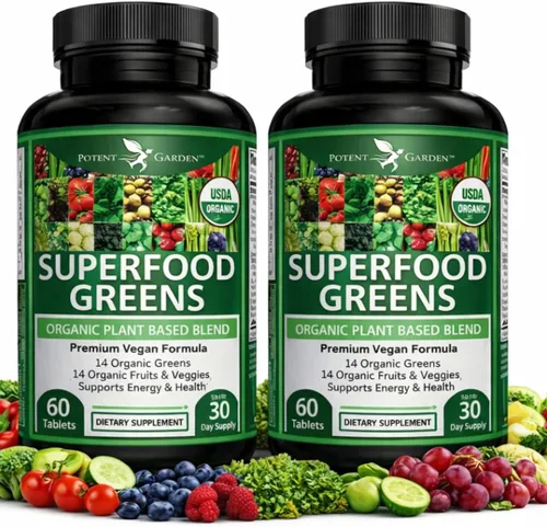 Potent Garden Paquete de 2 superalimentos orgánicos, suplemento de frutas y verduras rico en vitaminas y antioxidantes con alfalfa, raíz de
