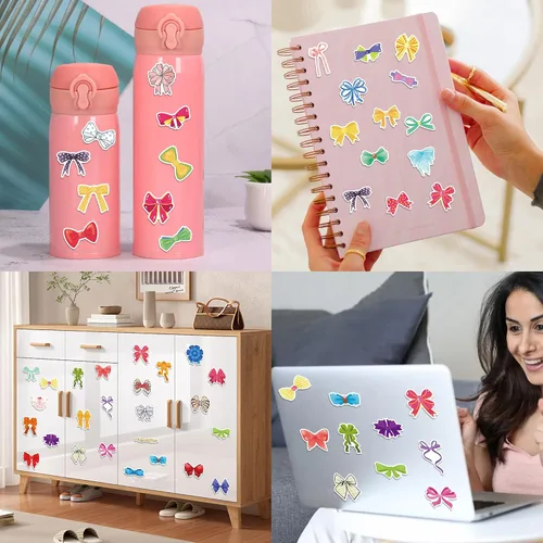 Miniatura 7 de 50 calcomanías de lazo de coqueta coloridas, bonitas calcomanías de vinilo con pajarita, calcomanías estéticas impermeables para adultos, mujeres