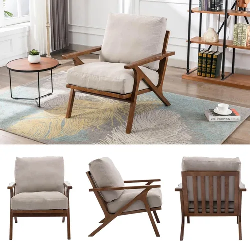 Miniatura 6 de HNY Mid-Century - Silla decorativa tapizada moderna, sillón de tela de lino con marco de madera maciza, cómoda silla de descanso con almohada