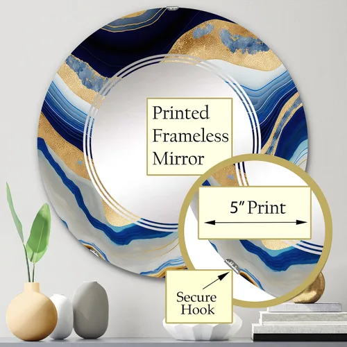 Miniatura 3 de DesignQ Modern wall mirror, Oval Modern mirror, Round Blue bathroom mirror, Abstract Transitional vanity mirror Flowing Vibrant Blue and Gold Art IV