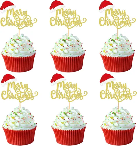 Miniatura 15 de Ercadio Paquete de 25 adornos para cupcakes de Papá Noel y elfo - Sombreros de Papá Noel con purpurina, sombreros de elfo, palillos para cupcakes