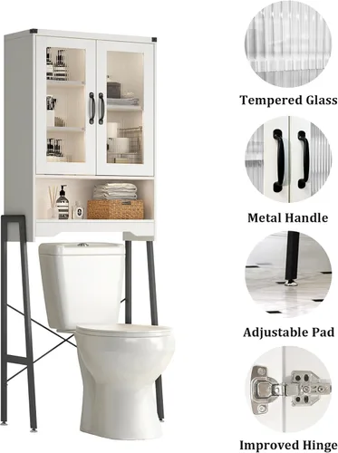 Miniatura 7 de Gabinete de almacenamiento sobre el inodoro con puertas estilo granja y estante ajustable, organizador de baño alto con soporte de metal que ahorra