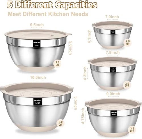 Miniatura 2 de Umite Chef, juego de 8 cuencos para mezclar con tapas herméticas, cuencos anidados de acero inoxidable color caqui con accesorios para rallar