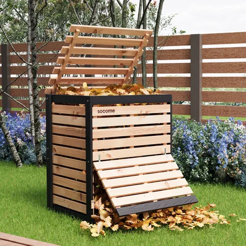 Miniatura 3 de Cubo de Compostaje de 95 Galones de Madera Sólida, Cubo de Compostaje para Exteriores con Puerta Deslizante, Cubo de Compostaje Grande para el Patio