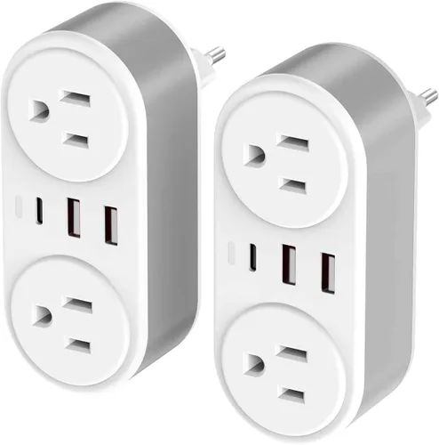 Miniatura 9 de Adaptador de enchufe de viaje europeo para Europa y Reino Unido, enchufe de alimentación internacional con 2 tomas de corriente alterna y 3 puertos