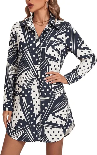 Miniatura 10 de LYANER Vestido camisero para mujer con cuello en V, botones, manga larga y dobladillo curvado