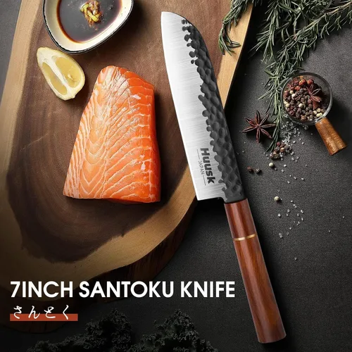 Miniatura 6 de Huusk Cuchillo japonés, cuchillo de cocina Santoku de 7 pulgadas, cuchillos de chef japoneses profesionales forjados a mano, cuchillos afilados
