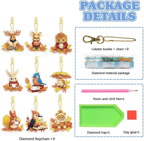 Miniatura 4 de YUE ZHE 9 llaveros de pintura de diamantes de animales, kits de arte de diamantes de animales para adultos, pintura 5D de doble cara para adultos
