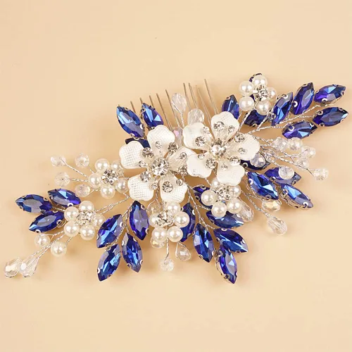 Miniatura 6 de Peine de pelo con diamantes de imitación de cristal azul plateado, perlas, lágrima, diamantes de imitación, diadema de boda para mujeres y niñas