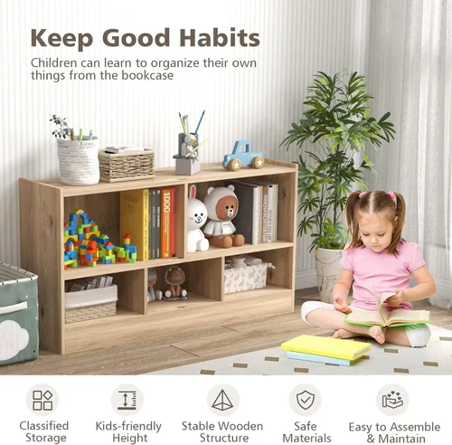 Miniatura 5 de MEDIMALL Organizador de almacenamiento de juguetes para niños de 5 cubos, estante de almacenamiento de madera de 2 niveles para libros y juguetes