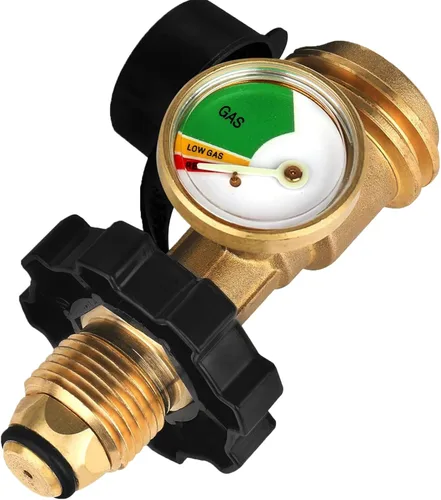 Adaptador de tanque de propano de 100 libras con medidor de propano, ajuste universal POL, convierte POL a QCC1, latón macizo