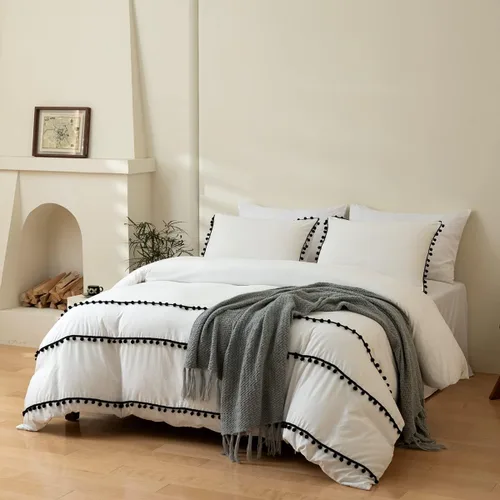 Miniatura 12 de INFLAG Funda de edredón de tamaño individual con pompones, juego de ropa de cama de microfibra bohemia de 3 piezas, 1 funda de edredón de 66 x 90