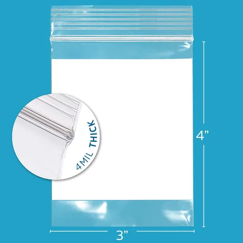 Miniatura 2 de GPI - 3" x 4" - Caja a granel de 1000, bolsas de plástico transparente con cierre de cremallera de 4 mil de grosor, resistentes, con bloque blanco