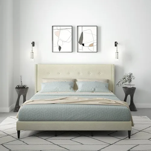 Miniatura 12 de Glenwillow Home MCM - Marco de cama con plataforma tapizada, botón con ribete de cabeza de clavo, respaldo de ala, base de colchón, no necesita Beige