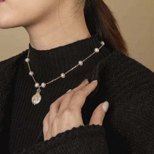 Miniatura 2 de InzheG Gargantilla de perlas de agua dulce, ajustable, chapada en oro de 14 quilates, hecha a mano, cadena de perlas barrocas cultivadas, collar