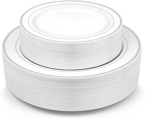 Miniatura 8 de MCIRCO - Platos de plástico dorados, 100 platos desechables de fiesta para bodas, platos de borde dorado de primera calidad, incluye 50 platos