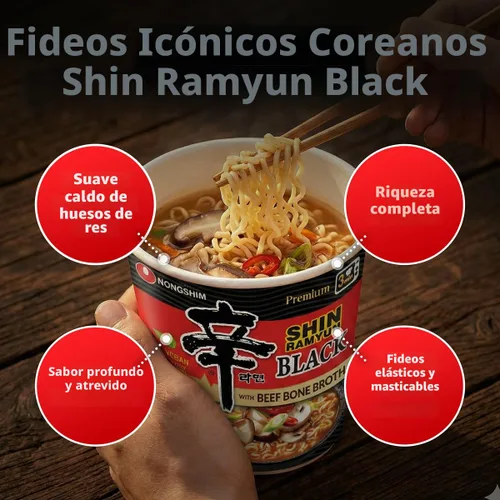Miniatura 3 de Nongshim Taza de fideos Ramen instantáneos Shin Black Premium, paquete de 6, verduras gruesas y carne de res real, mezcla de sopa de ramen