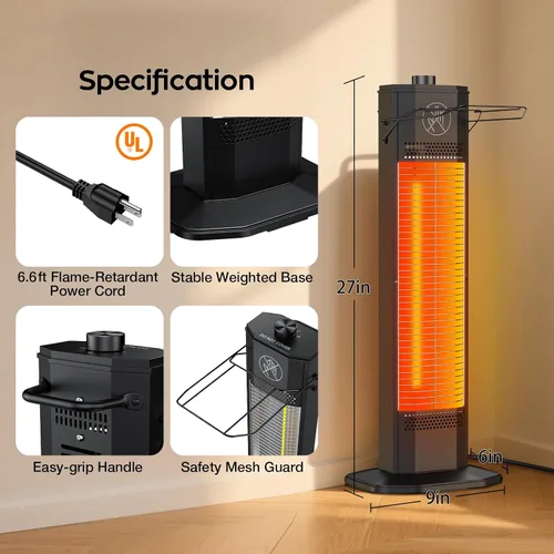 Miniatura 7 de Calentador eléctrico para patio al aire libre, calentador de torre infrarrojo de 27 pulgadas con calefacción instantánea de 1200 W, impermeable