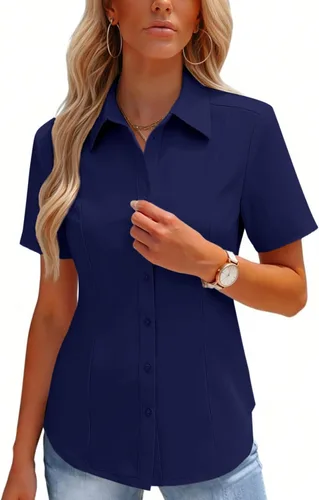 Miniatura 12 de HOTOUCH Camisas con botones para mujer, manga corta, elástica, sin arrugas, blusas formales de trabajo, blusas de verano, tallas S-2XL