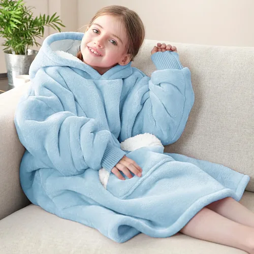 Miniatura 7 de Touchat Manta con capucha, sudadera de sherpa de gran tamaño con bolsillo y mangas para capucha, manta de felpa súper suave y cálida para niños, Azul